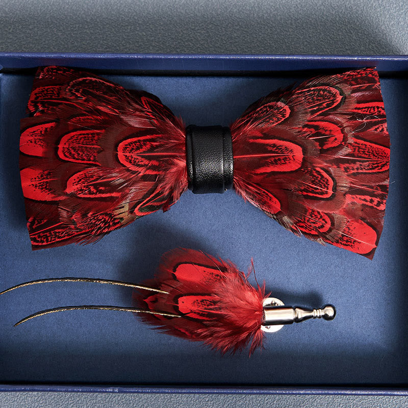 Crison & Black Peacock Feather Bow Tie with Lapel Pin