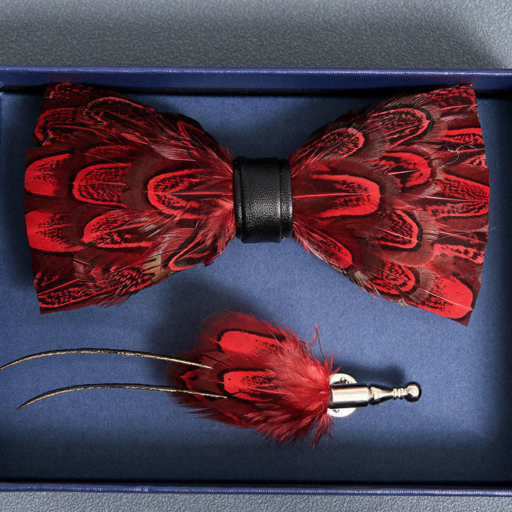 Crison & Black Peacock Feather Bow Tie with Lapel Pin
