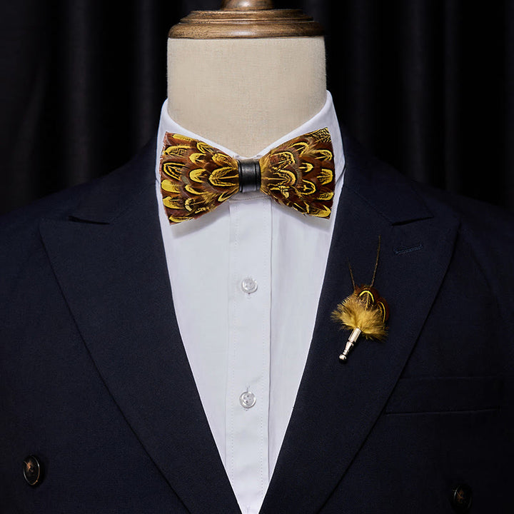 Yellow & Umber Pheasant Feather Bow Tie with Lapel Pin
