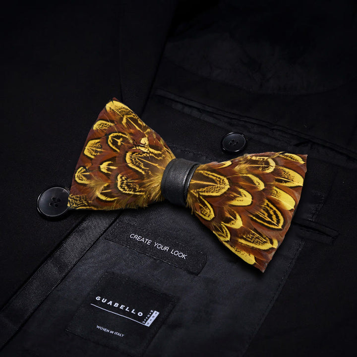 Yellow & Umber Pheasant Feather Bow Tie with Lapel Pin - image 2