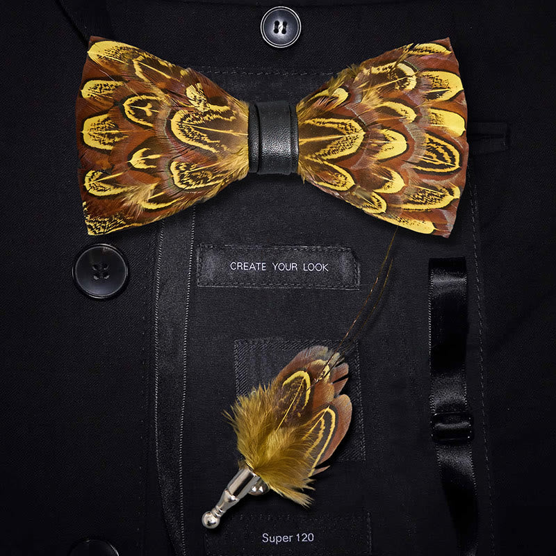 Yellow & Umber Pheasant Feather Bow Tie with Lapel Pin - Yellow & Umber - image 0