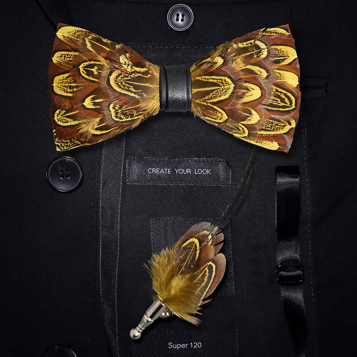 Yellow & Umber Pheasant Feather Bow Tie with Lapel Pin - Yellow & Umber - image 0