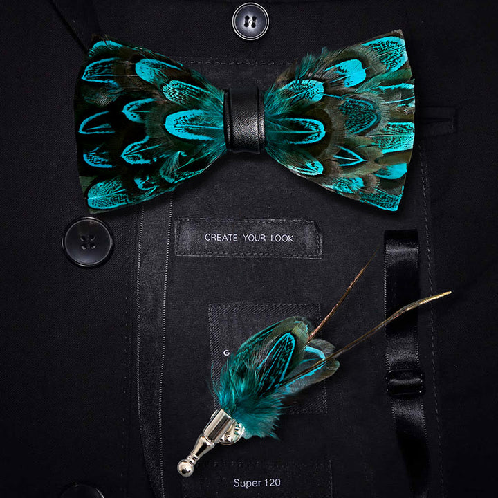 Teal & Black Peacock Feather Bow Tie with Lapel Pin