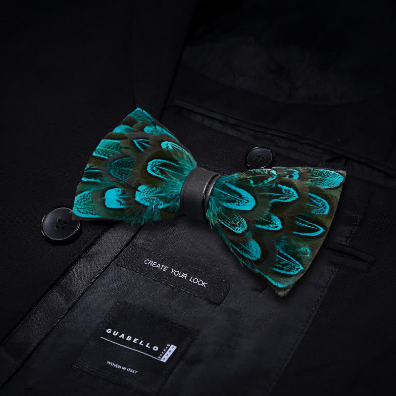 Teal & Black Peacock Feather Bow Tie with Lapel Pin