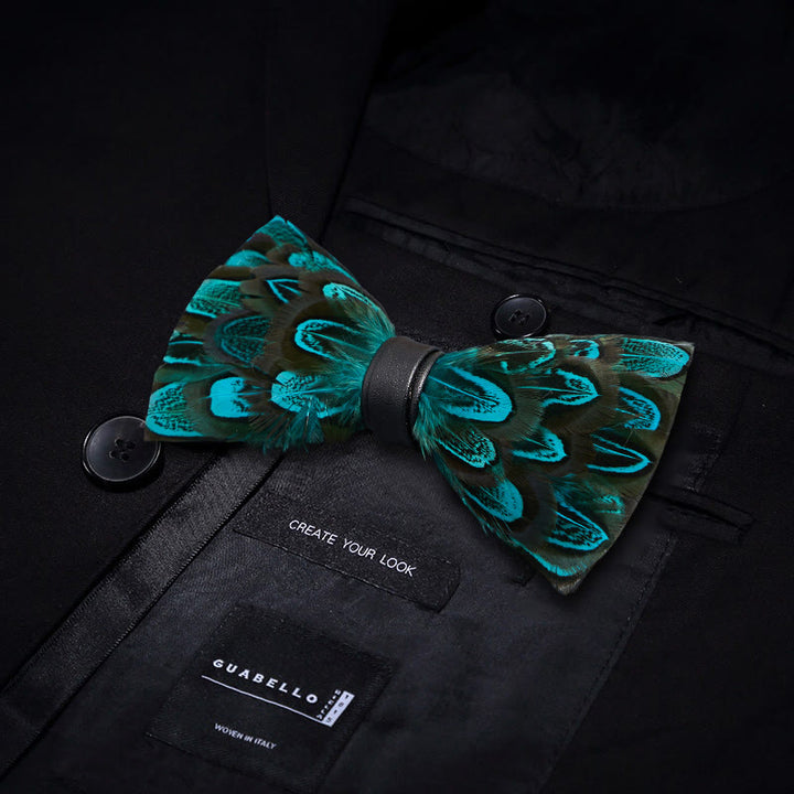 Teal & Black Peacock Feather Bow Tie with Lapel Pin