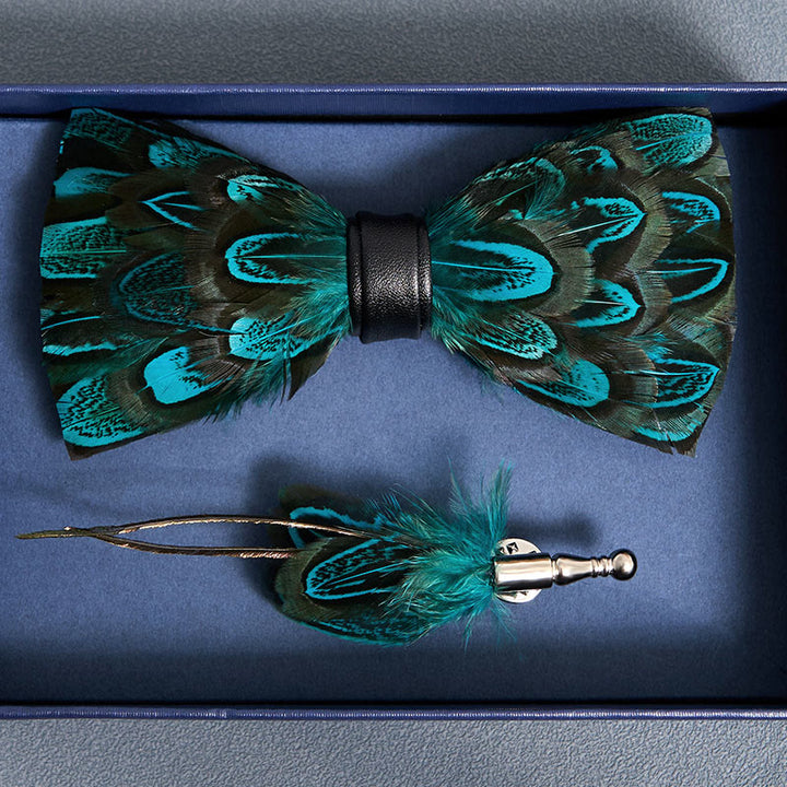 Teal & Black Peacock Feather Bow Tie with Lapel Pin