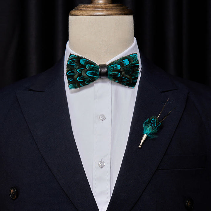 Teal & Black Peacock Feather Bow Tie with Lapel Pin