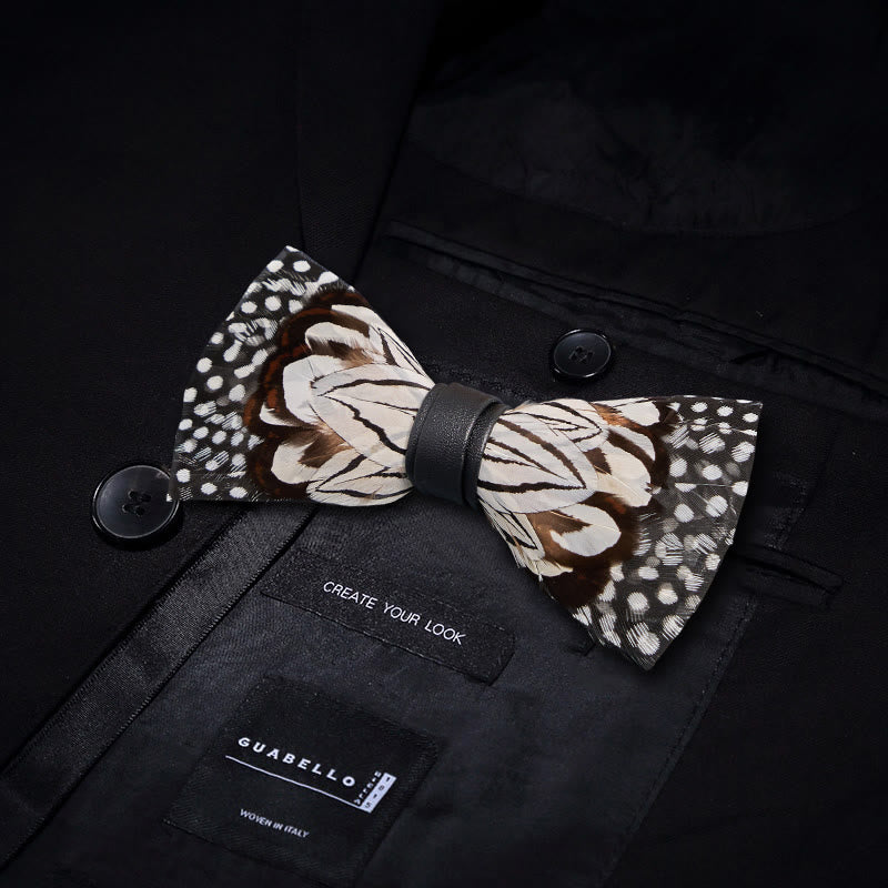 Black & White Owl Feather Bow Tie with Lapel Pin