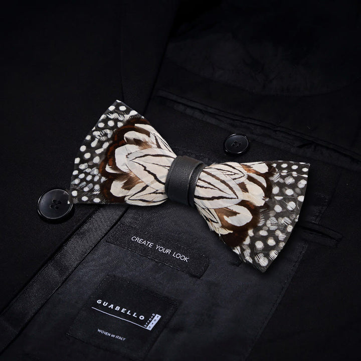 Black & White Owl Feather Bow Tie with Lapel Pin