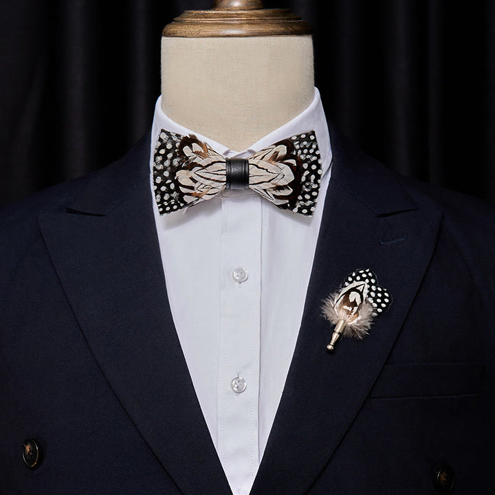 Black & White Owl Feather Bow Tie with Lapel Pin