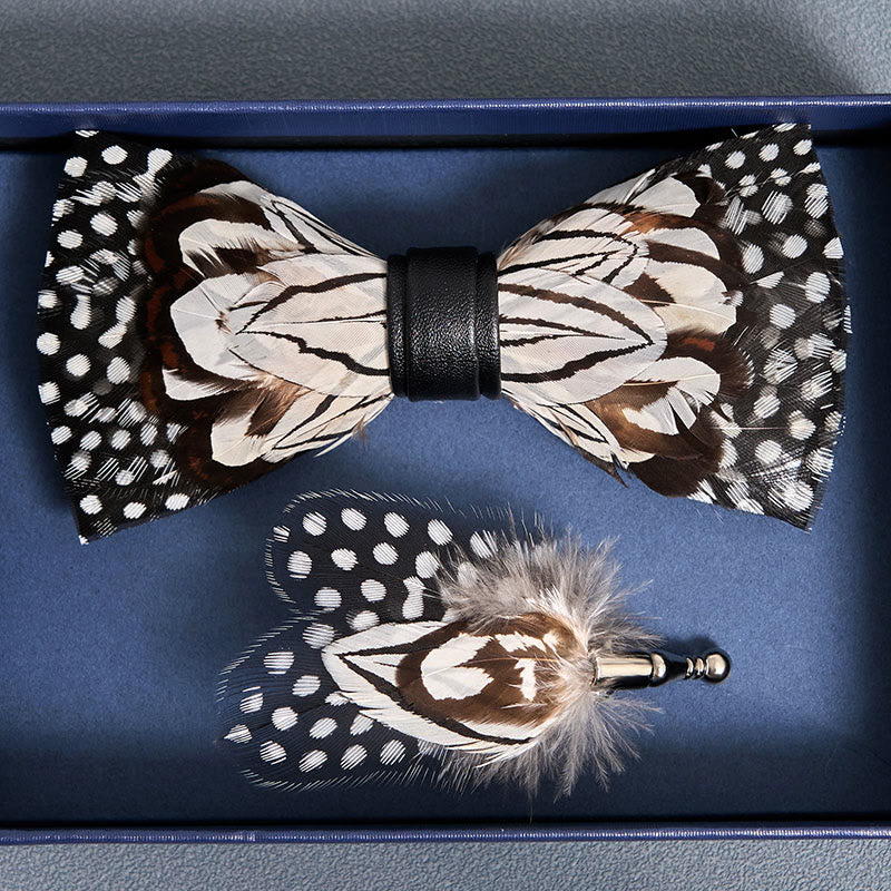 Black & White Owl Feather Bow Tie with Lapel Pin - image 3
