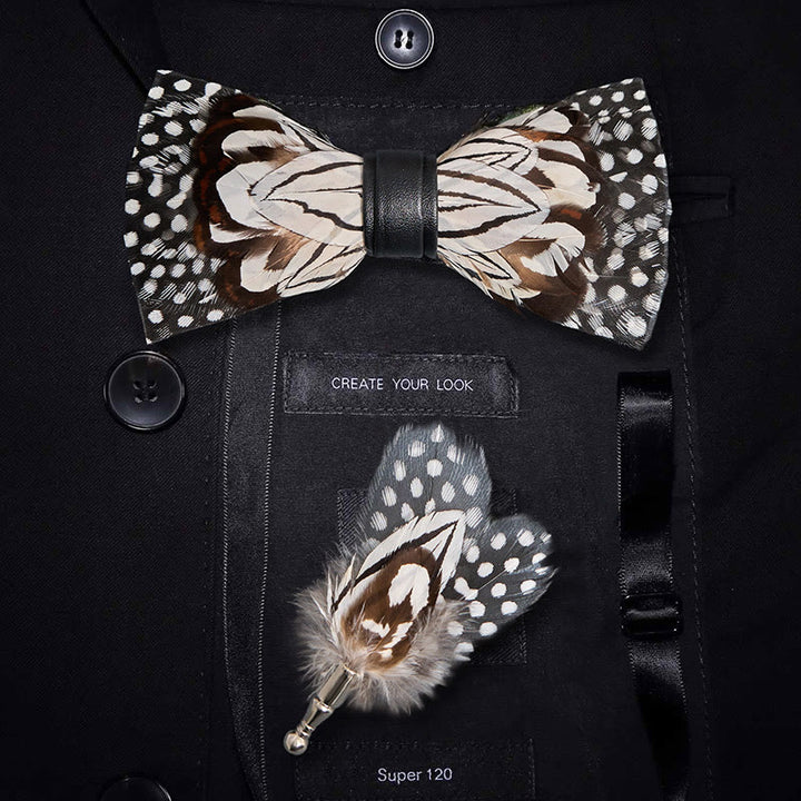 Black & White Owl Feather Bow Tie with Lapel Pin