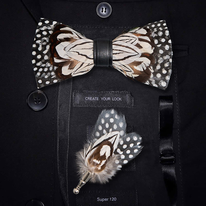 Black & White Owl Feather Bow Tie with Lapel Pin - Black & White - image 0