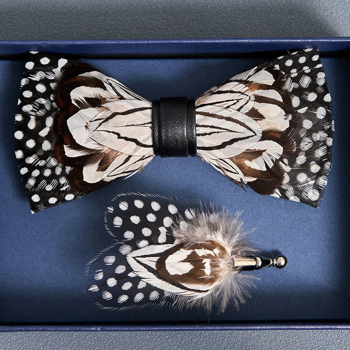 Black & White Owl Feather Bow Tie with Lapel Pin