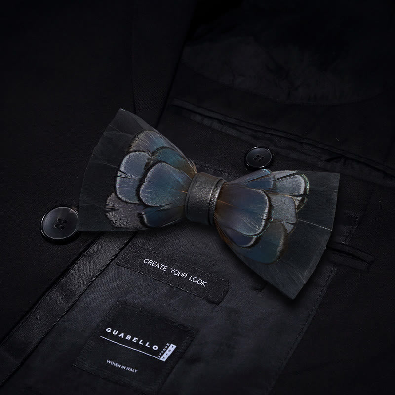 MidnightBlue Mysterious Feather Bow Tie with Lapel Pin - image 2