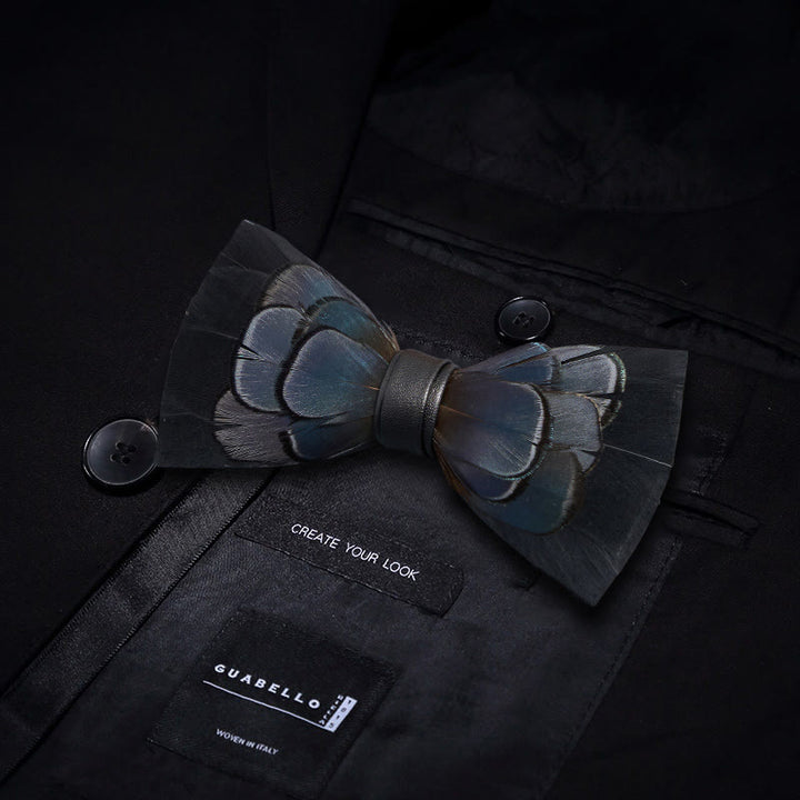 MidnightBlue Mysterious Feather Bow Tie with Lapel Pin - image 2