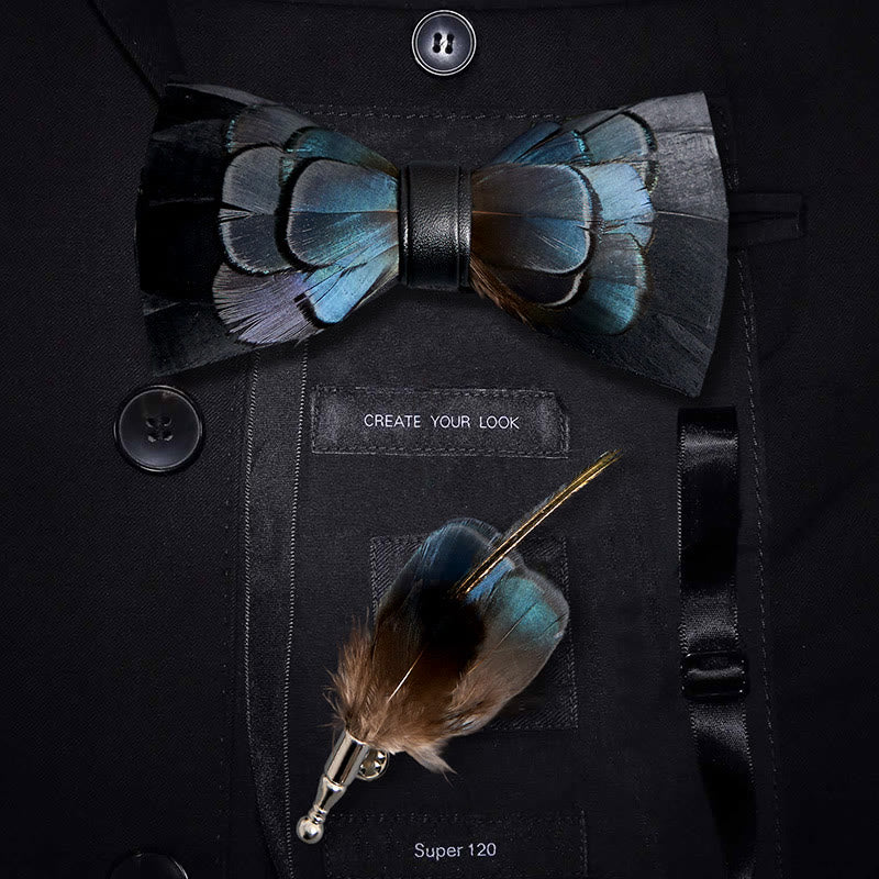 Kid's MidnightBlue Mysterious Feather Bow Tie with Lapel Pin - Adult - image 0