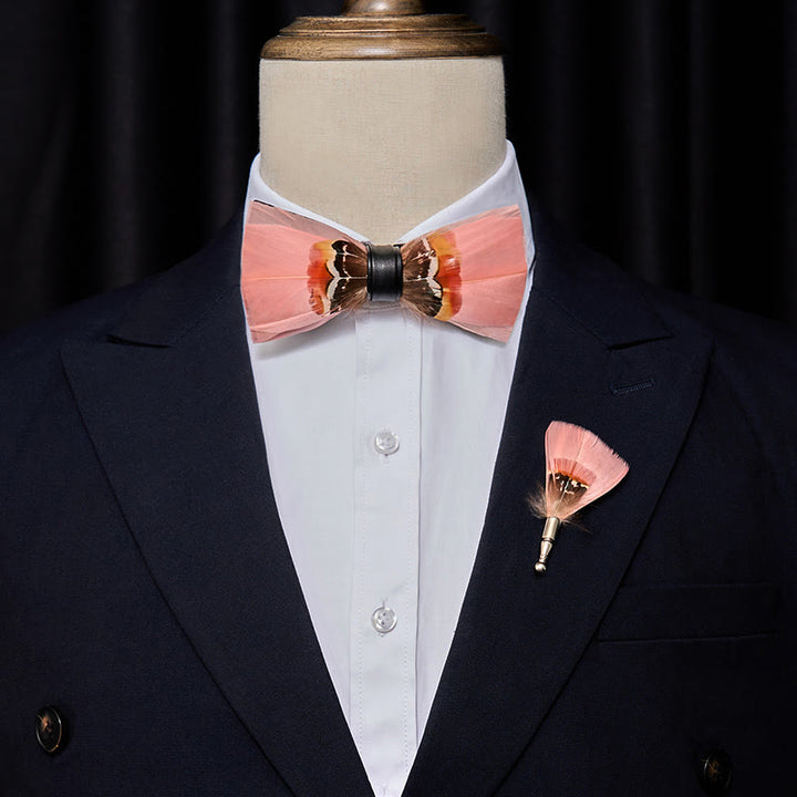 Pop Pink Feather Bow Tie with Lapel Pin