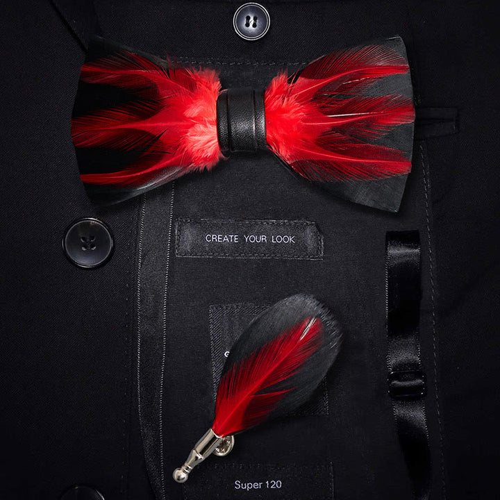 Red White Burgundy Pre-tied Feather Bow Tie