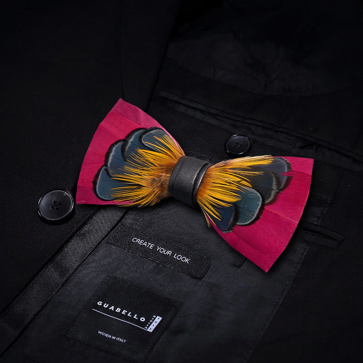 Pink & Orange Symmetrical Feather Bow Tie with Lapel Pin