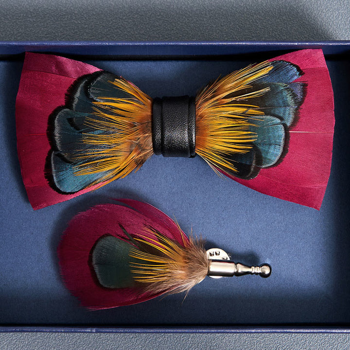 Pink & Orange Symmetrical Feather Bow Tie with Lapel Pin