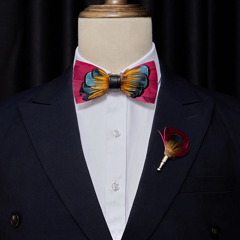 Pink & Orange Symmetrical Feather Bow Tie with Lapel Pin - image 1