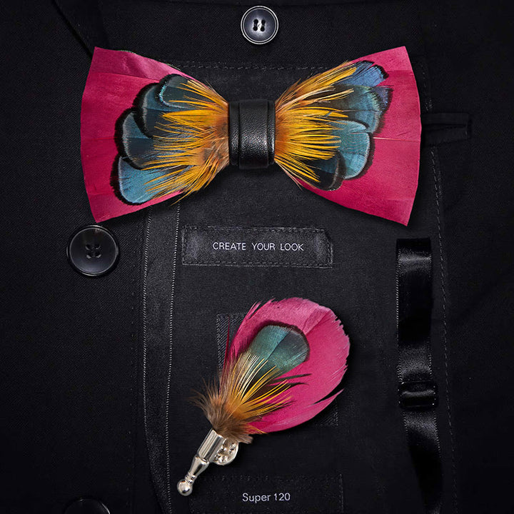 Pink & Orange Symmetrical Feather Bow Tie with Lapel Pin