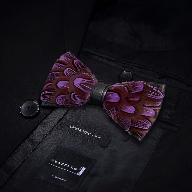 Purple & FireBrick Feather Bow Tie with Lapel Pin - image 2