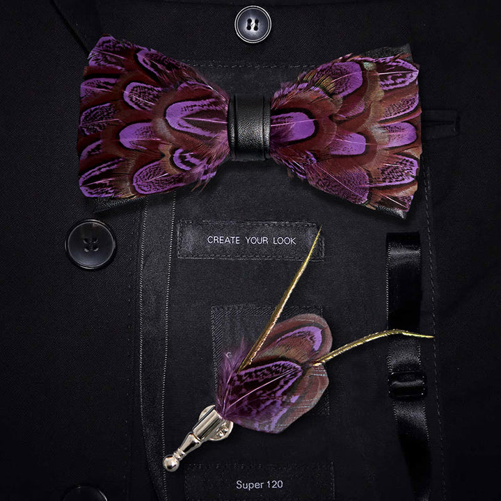 Purple & FireBrick Feather Bow Tie with Lapel Pin