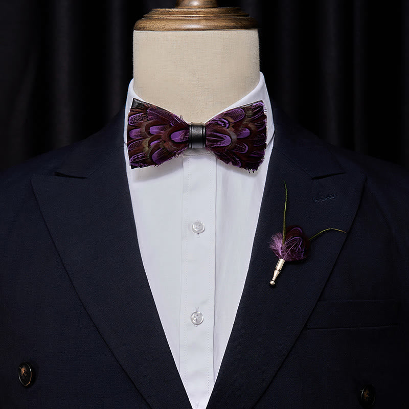 Purple & FireBrick Feather Bow Tie with Lapel Pin