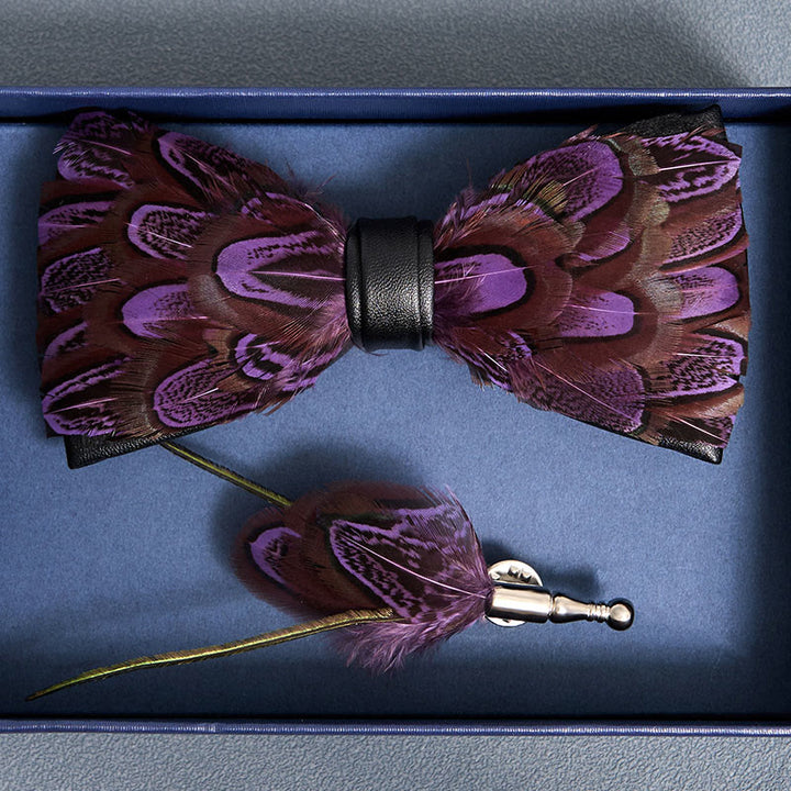 Purple & FireBrick Feather Bow Tie with Lapel Pin - image 3