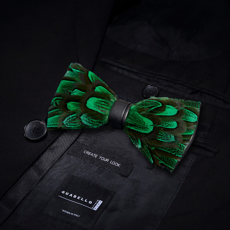 ForestGreen & Black Peacock Feather Bow Tie with Lapel Pin