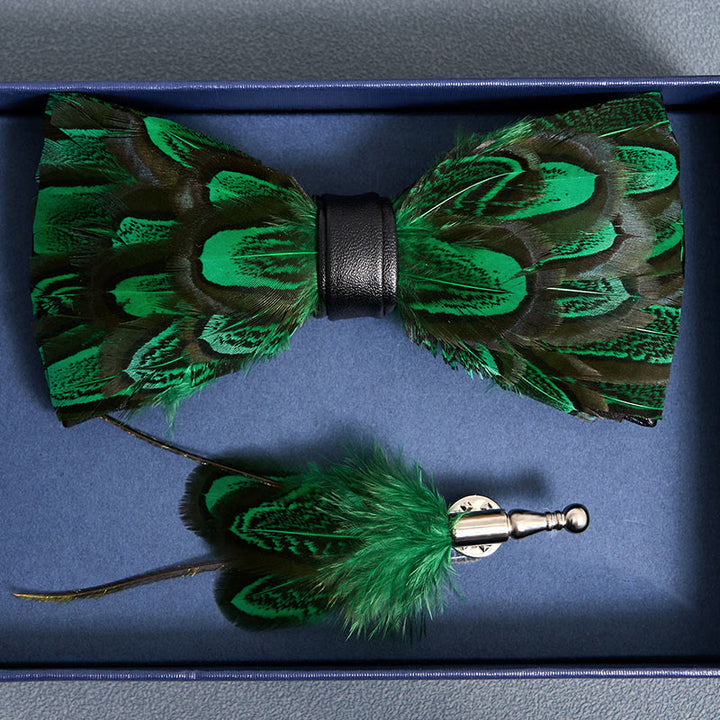 ForestGreen & Black Peacock Feather Bow Tie with Lapel Pin