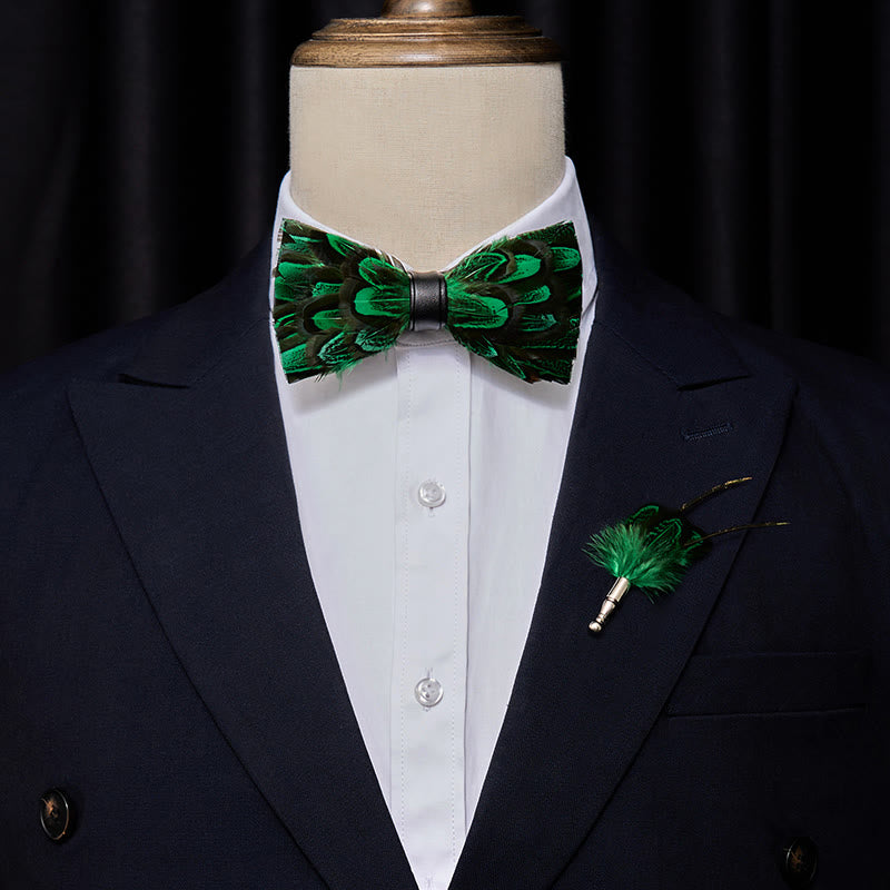 ForestGreen & Black Peacock Feather Bow Tie with Lapel Pin
