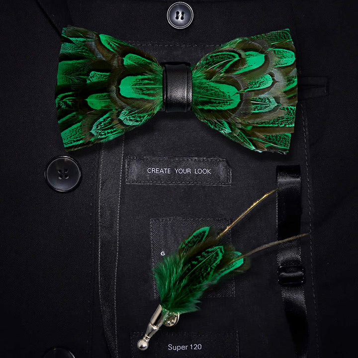 ForestGreen & Black Peacock Feather Bow Tie with Lapel Pin