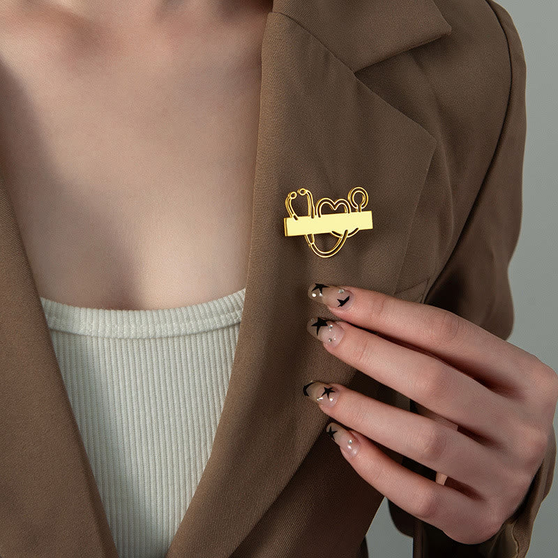 Custom Your Name Gold Long Strip Stethoscope Brooch