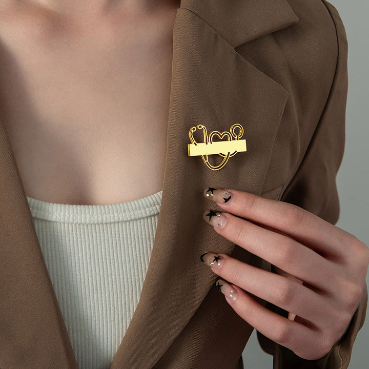 Custom Your Name Gold Long Strip Stethoscope Brooch