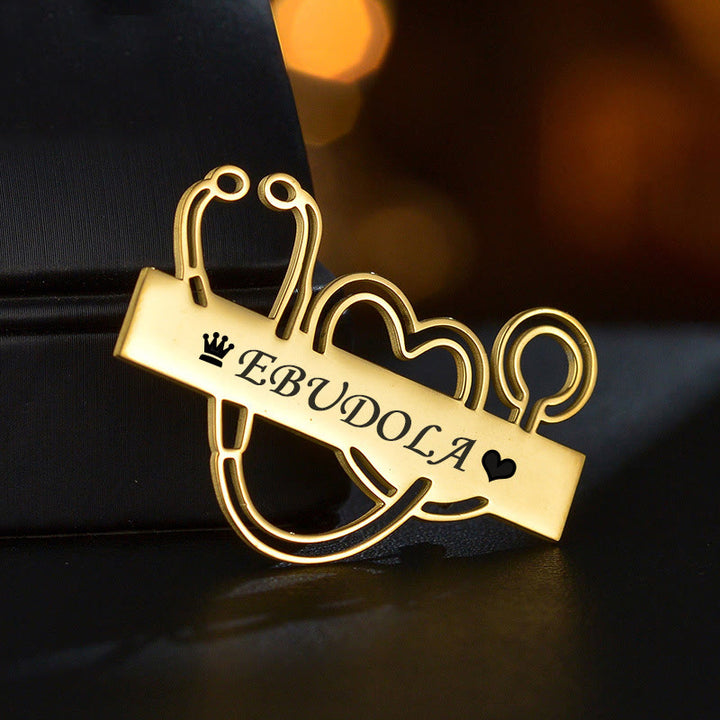 Custom Your Name Gold Long Strip Stethoscope Brooch