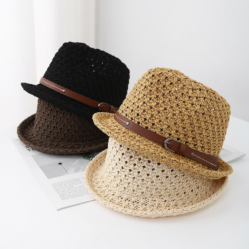 Men's Decorative Leather Strap Hollow Out Straw Fedora Hat