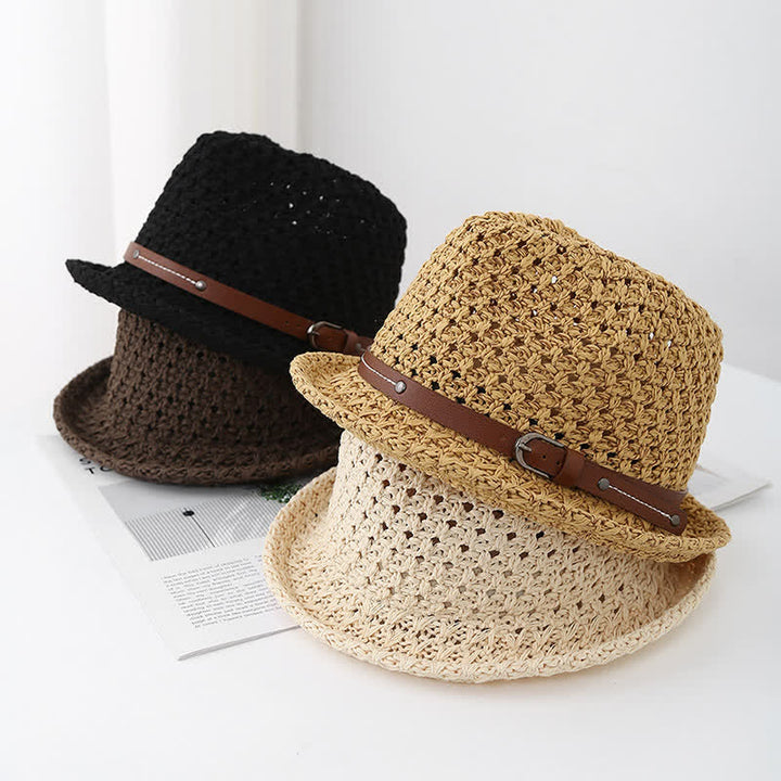 Men's Decorative Leather Strap Hollow Out Straw Fedora Hat