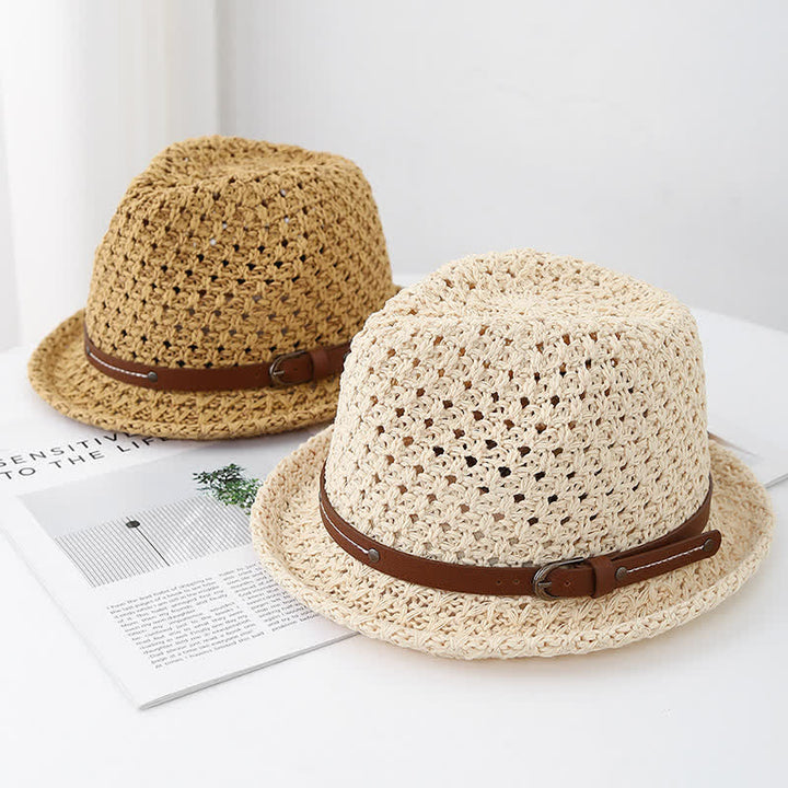 Men's Decorative Leather Strap Hollow Out Straw Fedora Hat