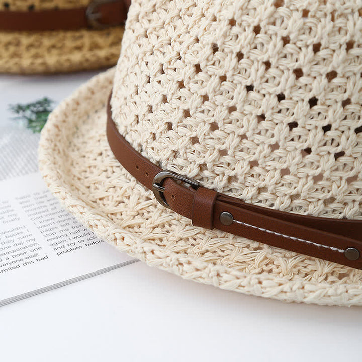 Men's Decorative Leather Strap Hollow Out Straw Fedora Hat - image 3