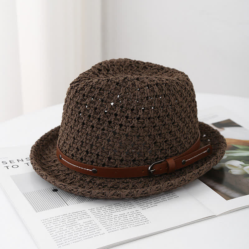 Men's Decorative Leather Strap Hollow Out Straw Fedora Hat - Coffee - M (22"-22 7/8") - image 6