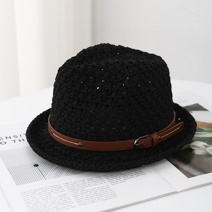 Men's Decorative Leather Strap Hollow Out Straw Fedora Hat - Black - M (22"-22 7/8") - image 5