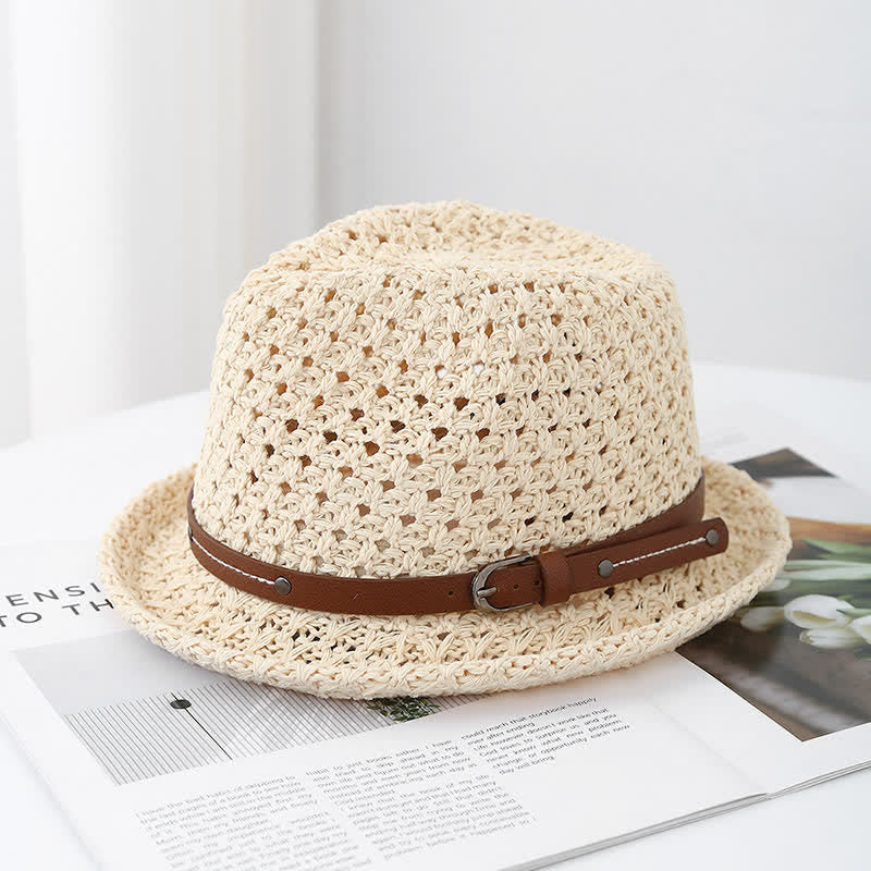 Men's Decorative Leather Strap Hollow Out Straw Fedora Hat - Ivory - M (22"-22 7/8") - image 2