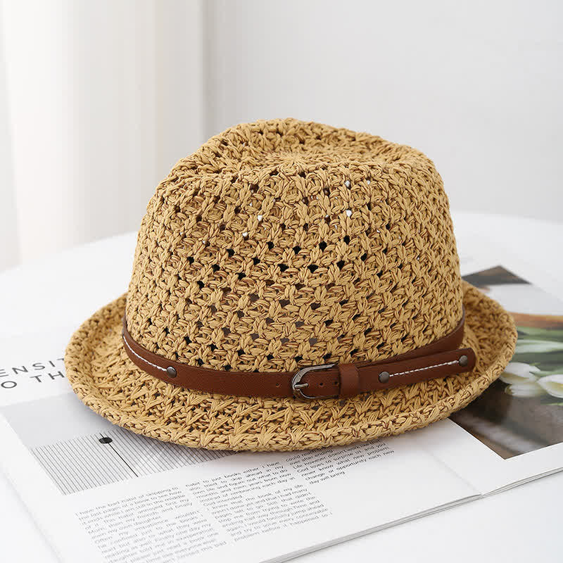 Men's Decorative Leather Strap Hollow Out Straw Fedora Hat - Khaki - M (22"-22 7/8") - image 0