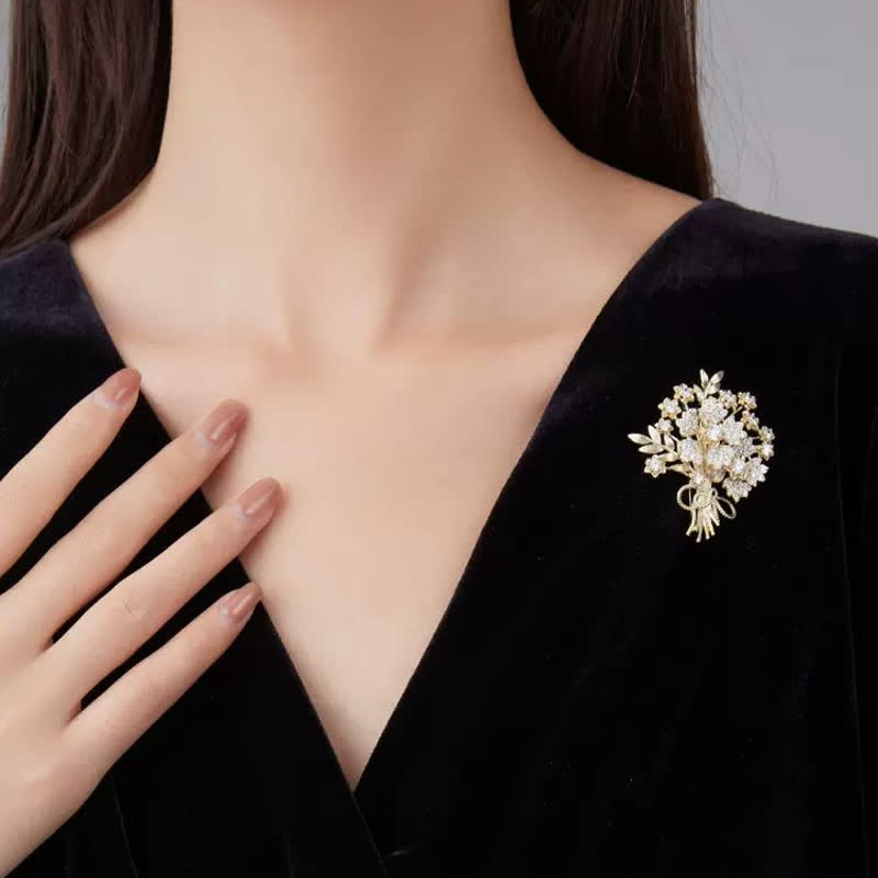 Women's Gold Rhinestones Bridal Flower Bouquet Brooch - image 1