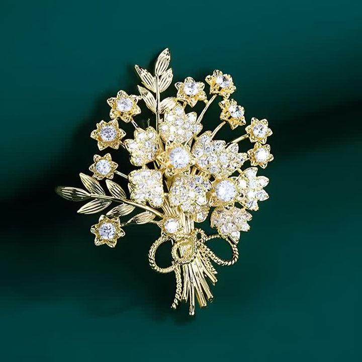 Women's Gold Rhinestones Bridal Flower Bouquet Brooch