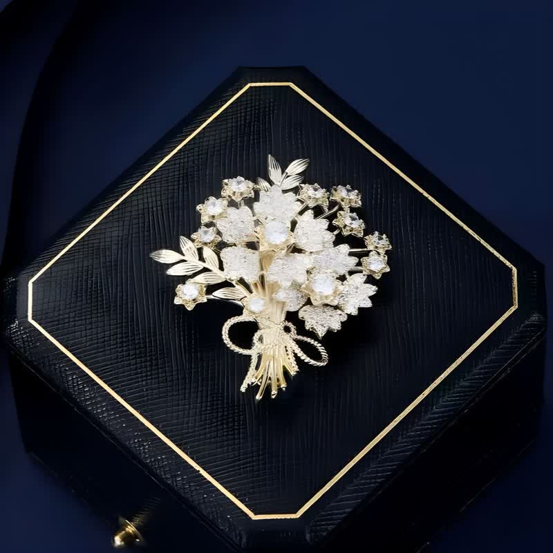 Women's Gold Rhinestones Bridal Flower Bouquet Brooch
