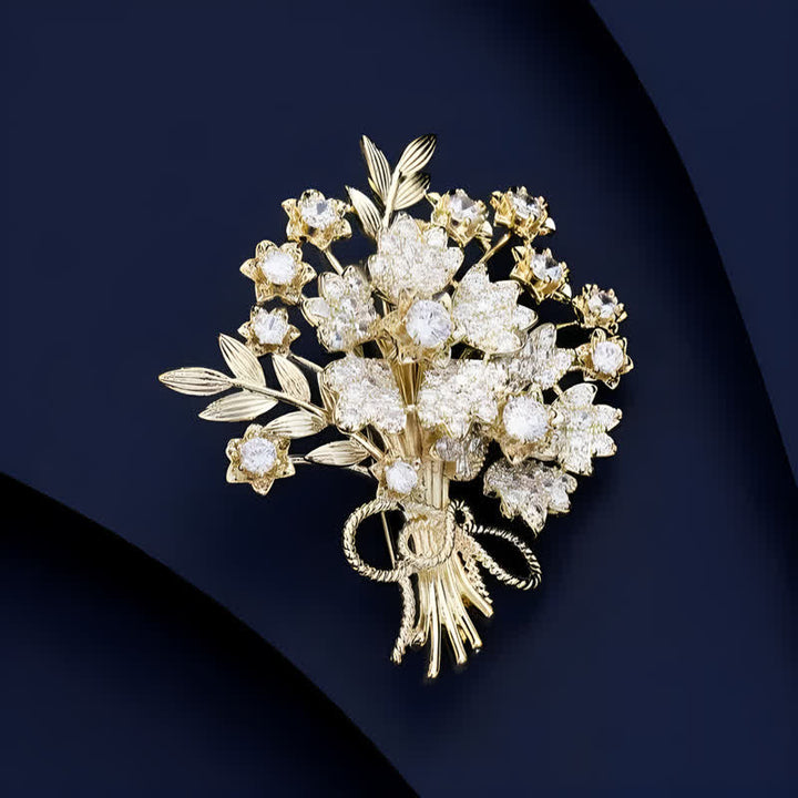 Women's Gold Rhinestones Bridal Flower Bouquet Brooch